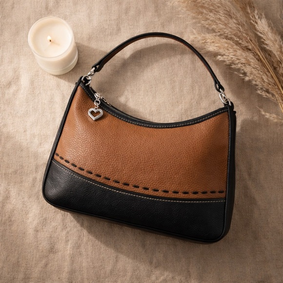 Brighton Other - Brighton NWT Brown Black Pebbled Leather Shoulder Bag Heart Hardware Y2K